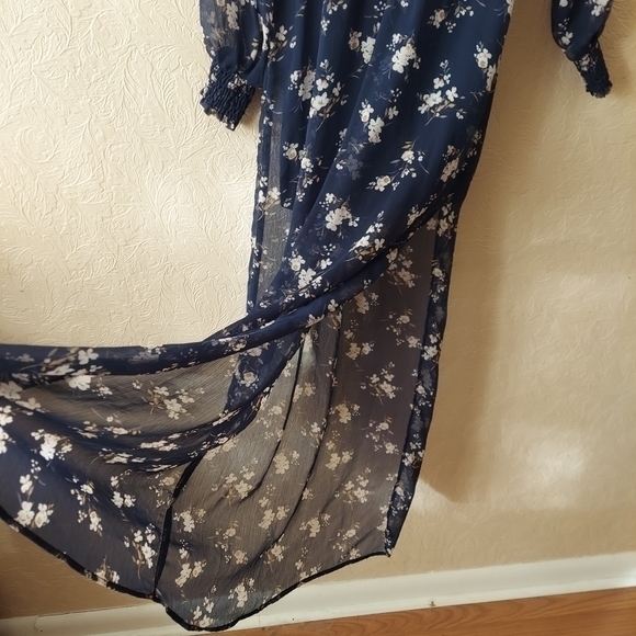 Lush Blue Floral Maxi Dress With Slit Sheer Sleeves Sz Small - Picture 3 of 11